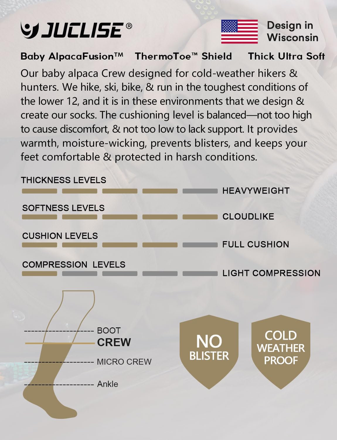 Juclise socks next to a winter boot illustrating XL size and fit compatibility