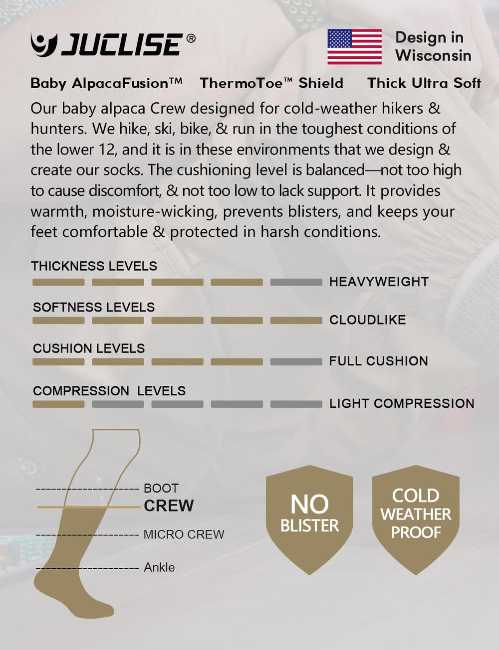 Juclise socks next to a winter boot illustrating XL size and fit compatibility