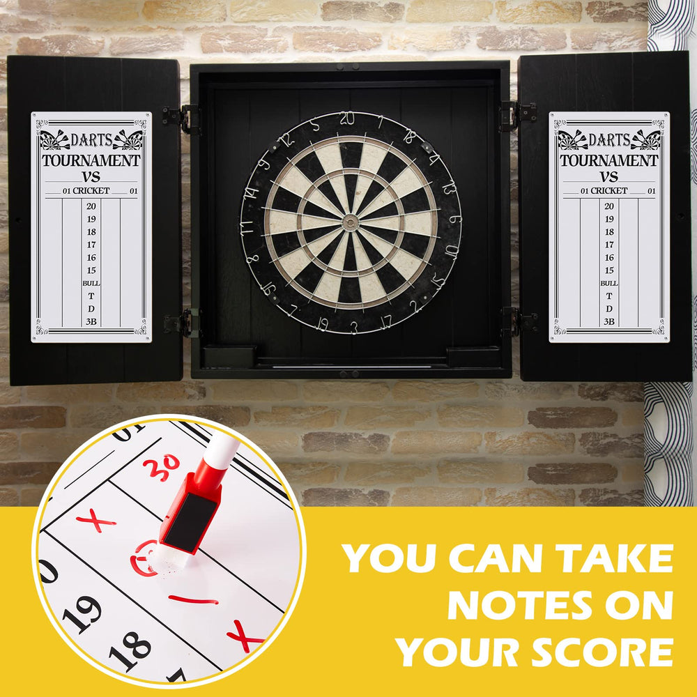 Juexica scoreboard mounted on a dart cabinet demonstrating neat, visible placement