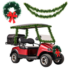 JuinTe golf cart front view decorated with garland and wreath, festive curb appeal