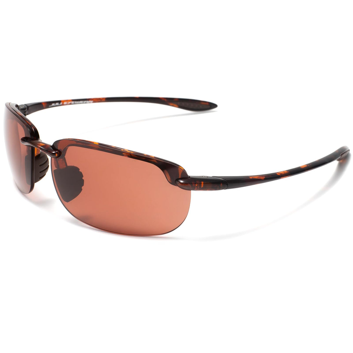 JULI Eyewear front view showing tortoise frame and rose-pink lenses for clear vision