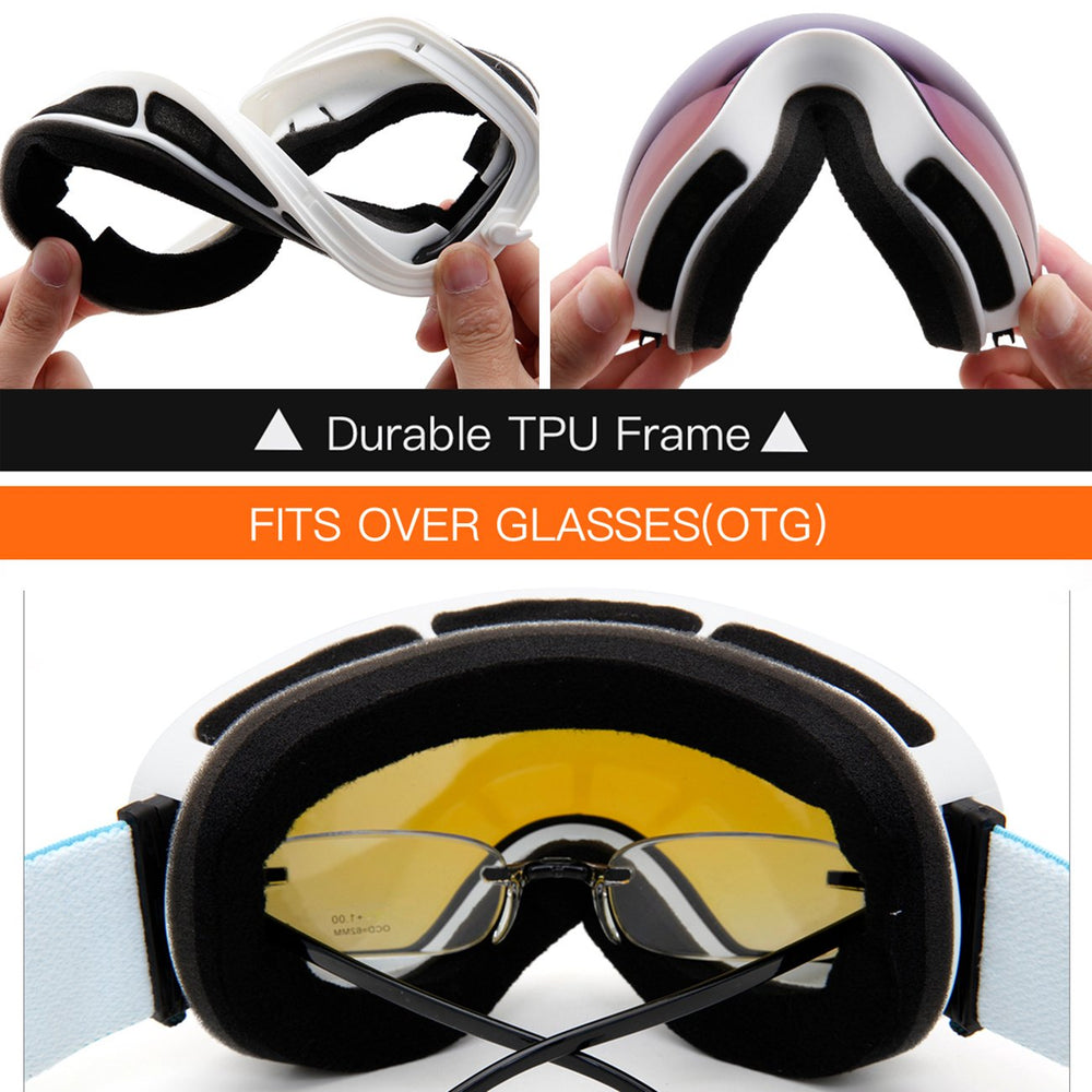 JULI Eyewear goggles beside a glove illustrating lightweight size and scale