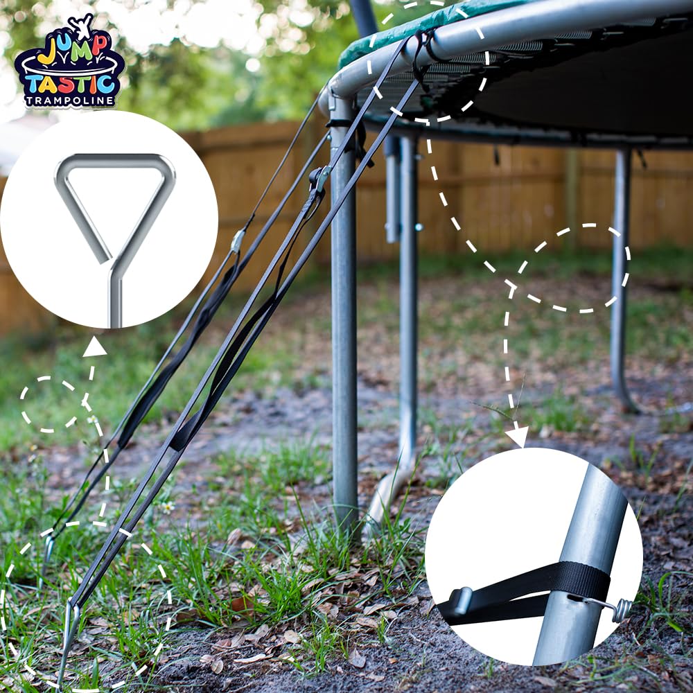 Jump Tastic anchored trampoline in backyard conveying weather-resistant stability