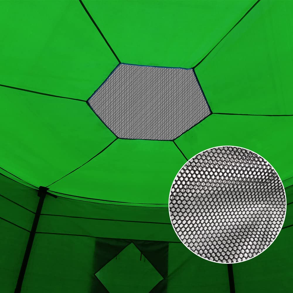 Jump Tastic tent installed on 14ft trampoline in backyard showing size reference