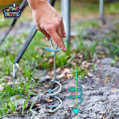 Jump Tastic strap attached to trampoline frame illustrating strong secure connection