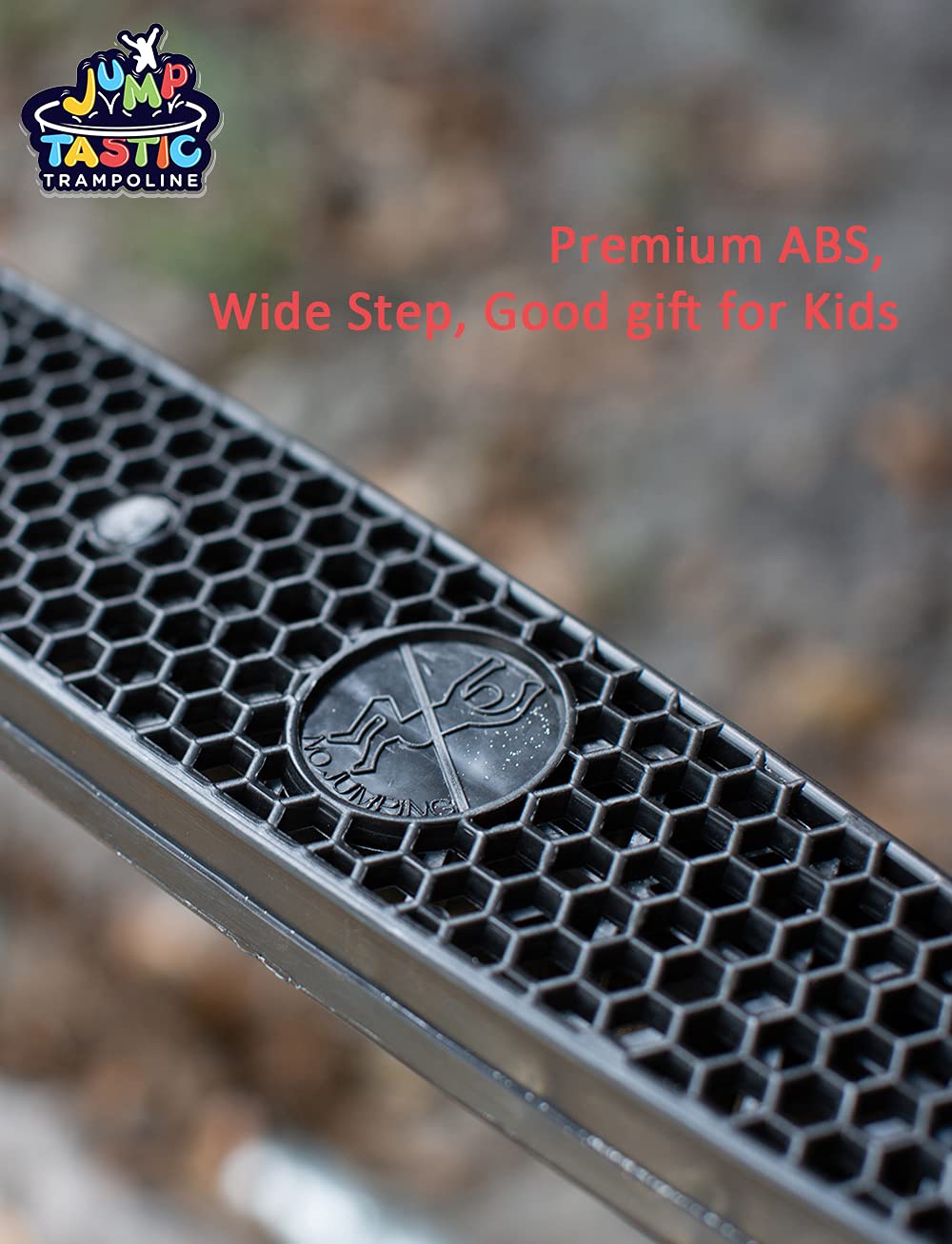 Jump Tastic Trampoline child climbing ladder safely in backyard setting