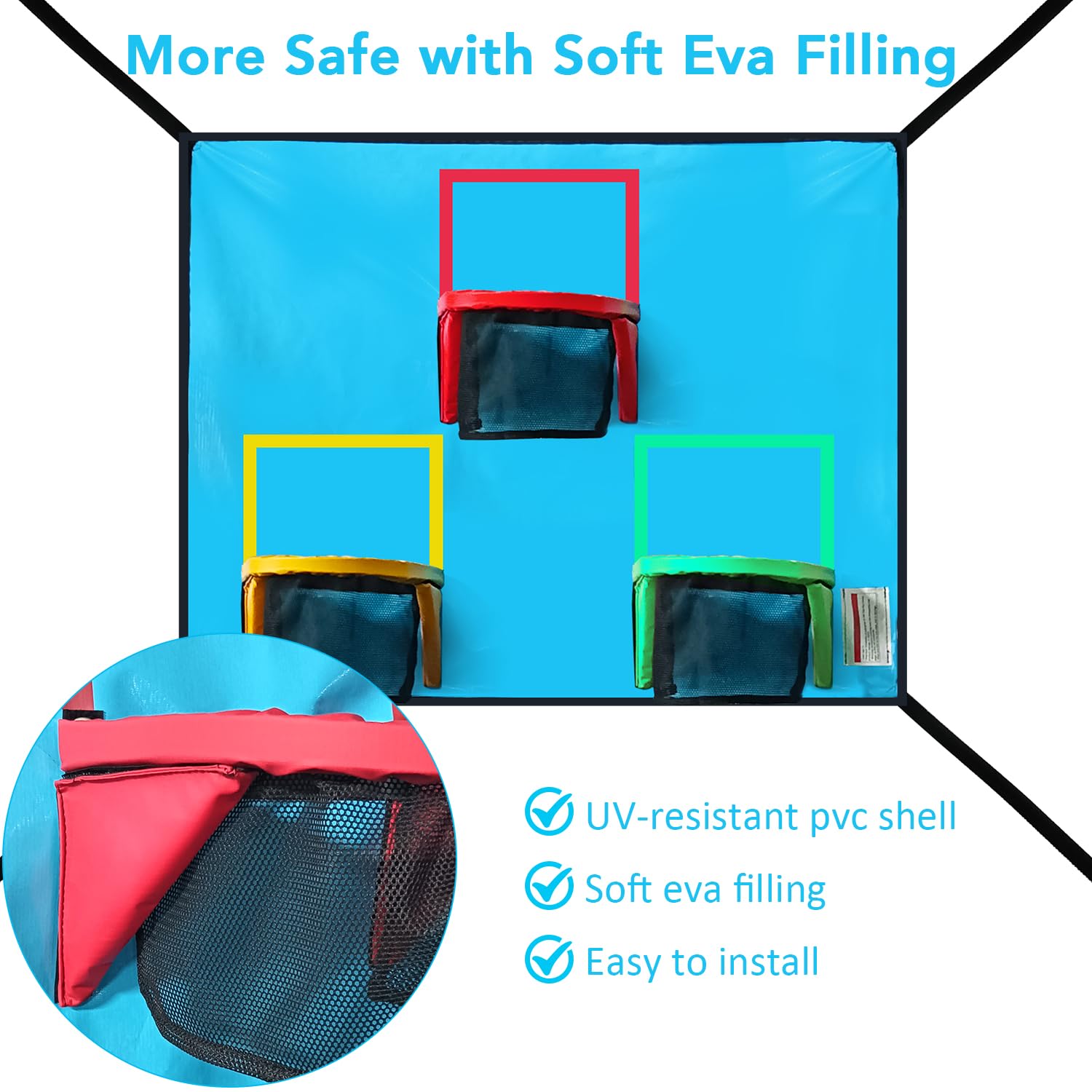 Jump Tastic Trampoline strap and V-ring detail for secure, tool-free installation