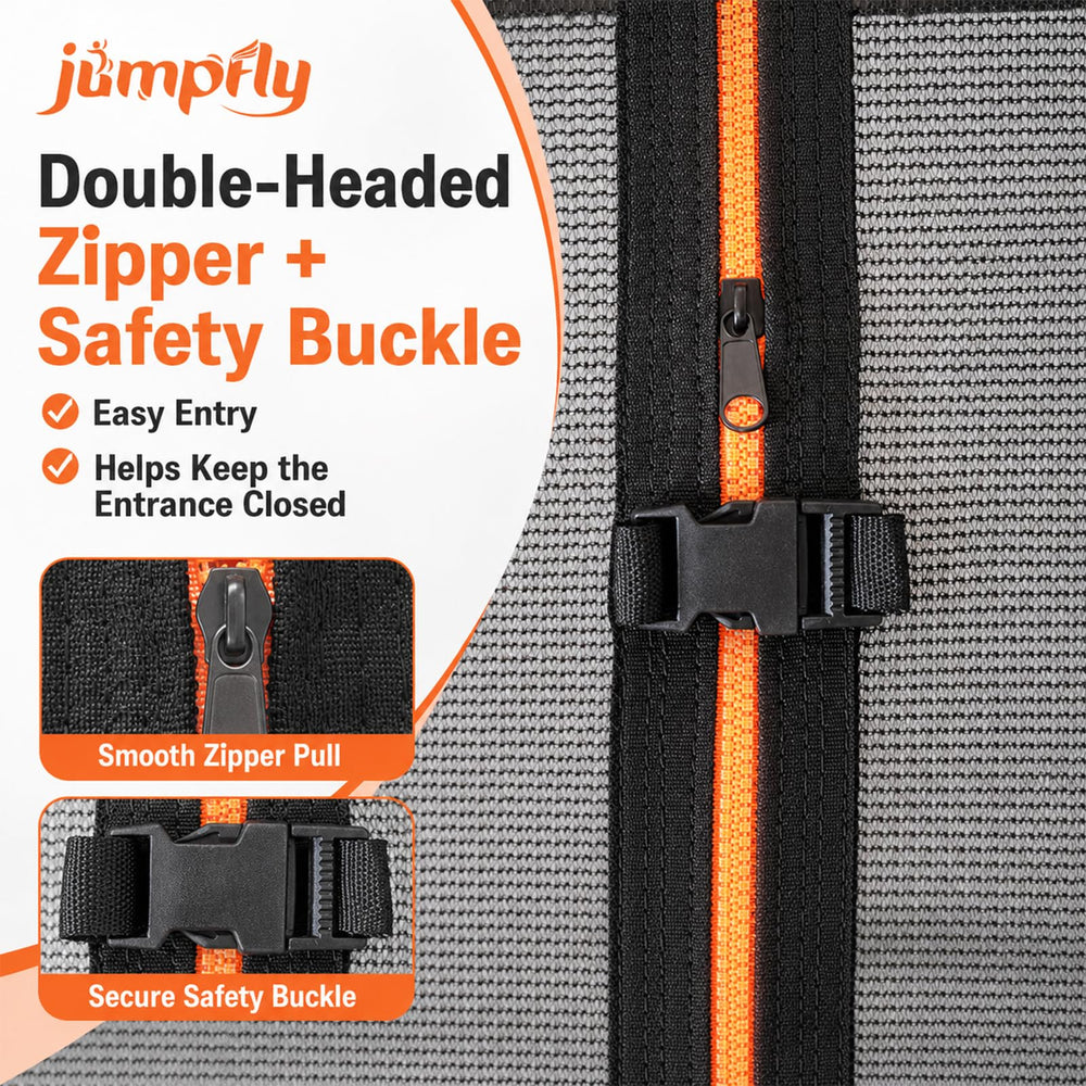 jumpfly installed on a round trampoline side view demonstrating proper fit and improved safety