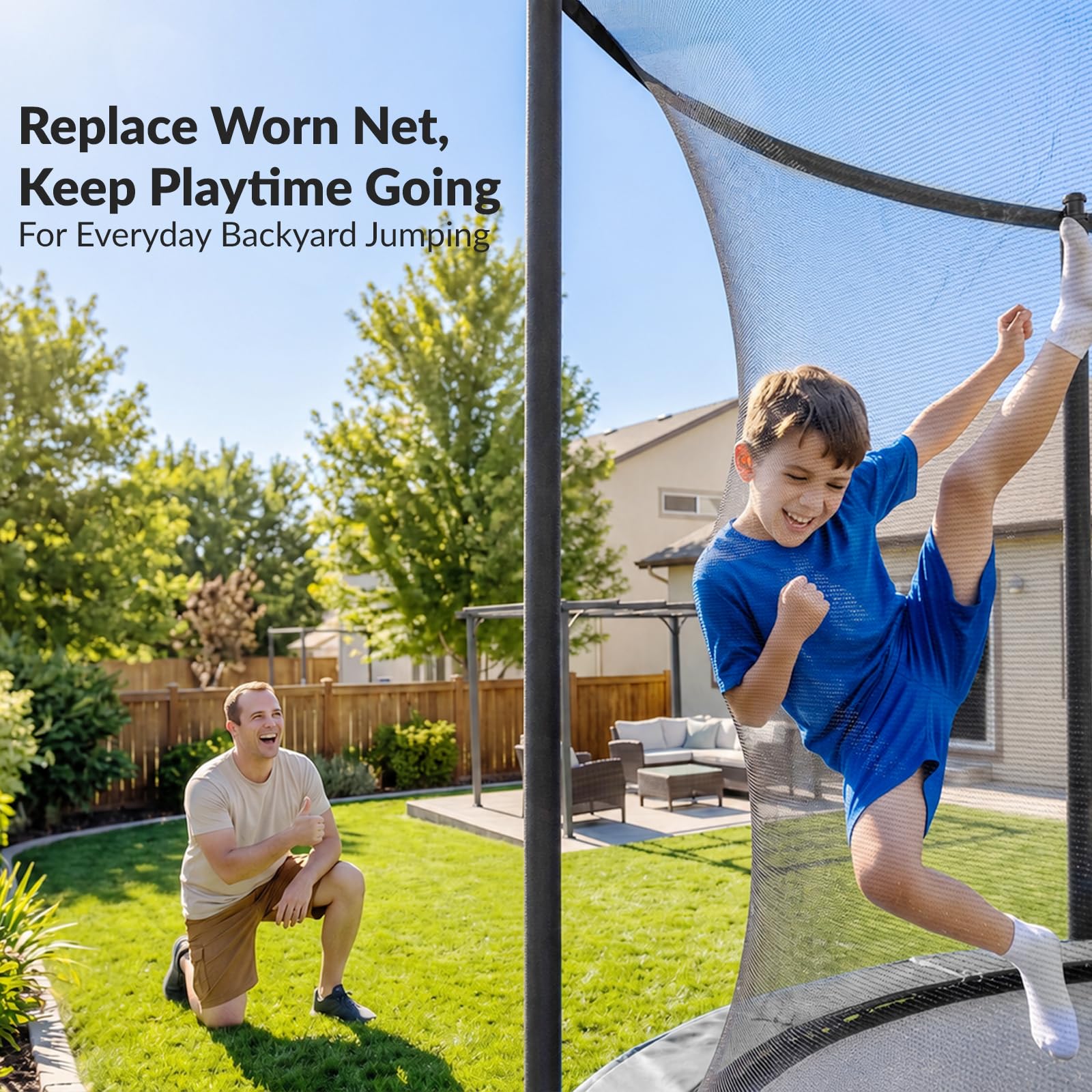 jumpfly lifestyle backyard image with family using trampoline showing safe active play supervision