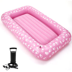 Junkin front view of pink star air mattress showing compact packed benefit