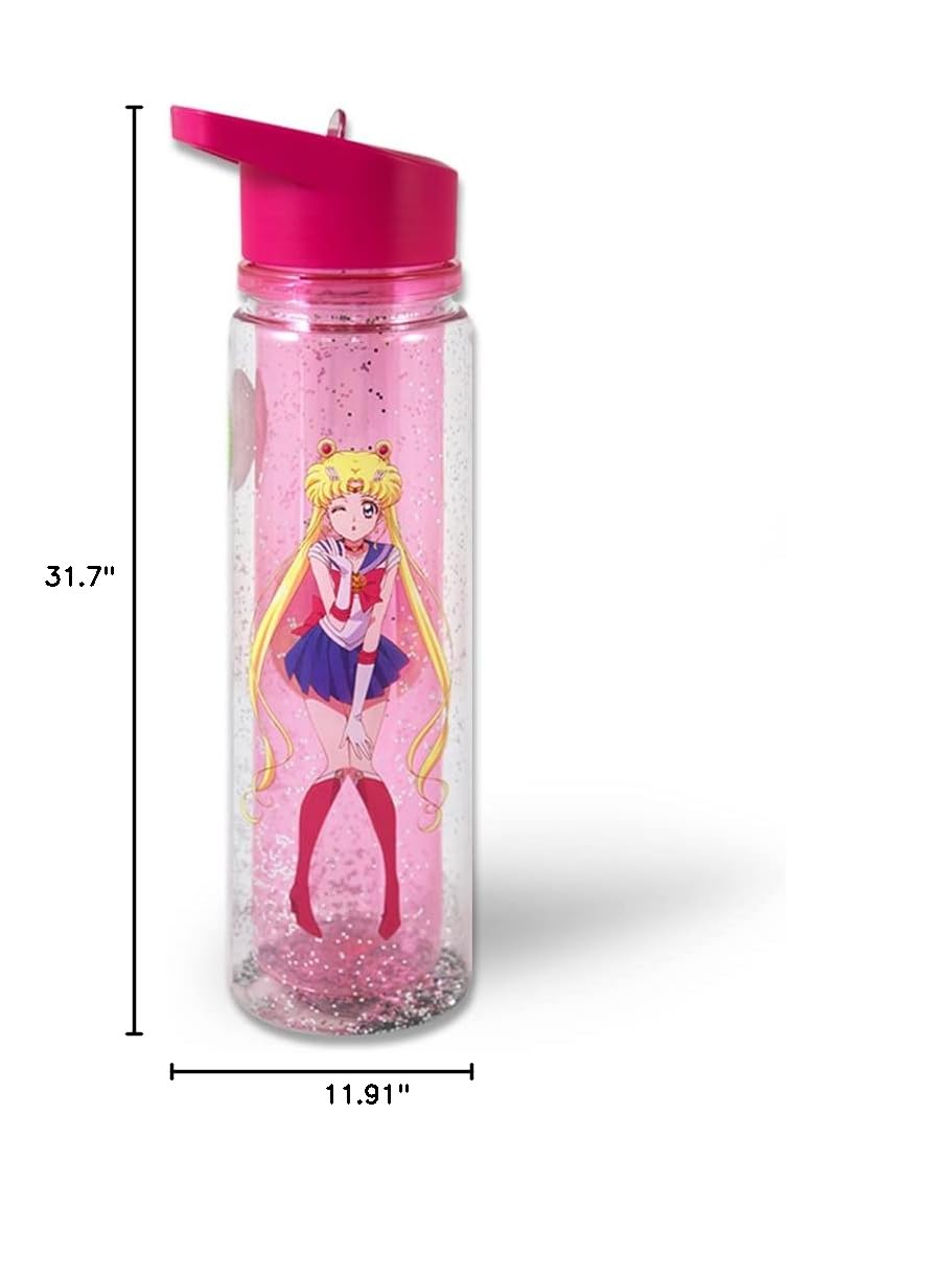 JUST FUNKY Sailor Moon bottle on desk with notebook showing lifestyle use and benefit: stylish hydration