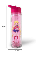 JUST FUNKY Sailor Moon bottle on desk with notebook showing lifestyle use and benefit: stylish hydration