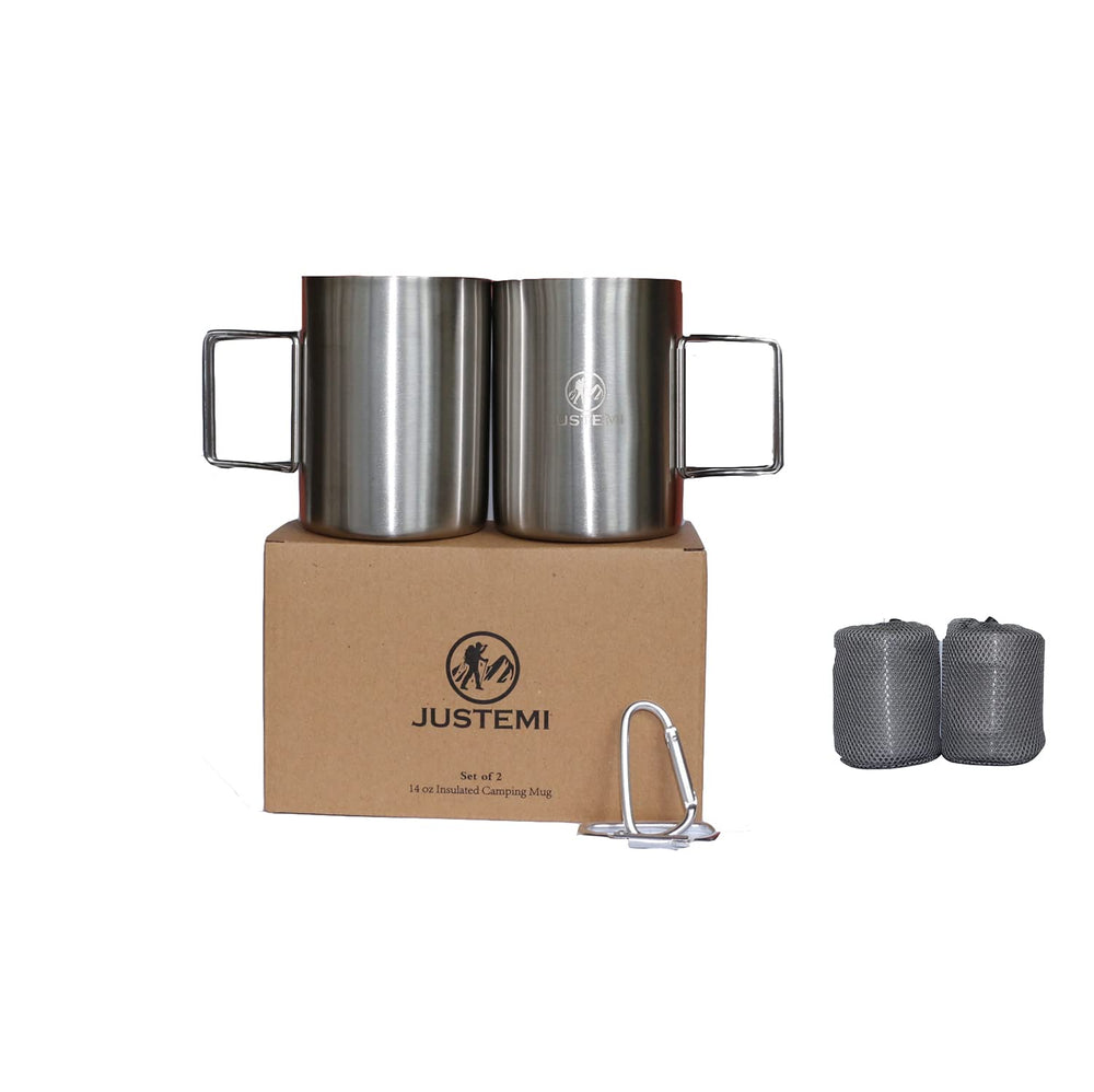 JUSTEMI front view of two 14oz stainless steel camping mugs showing design and finish, durable for travel