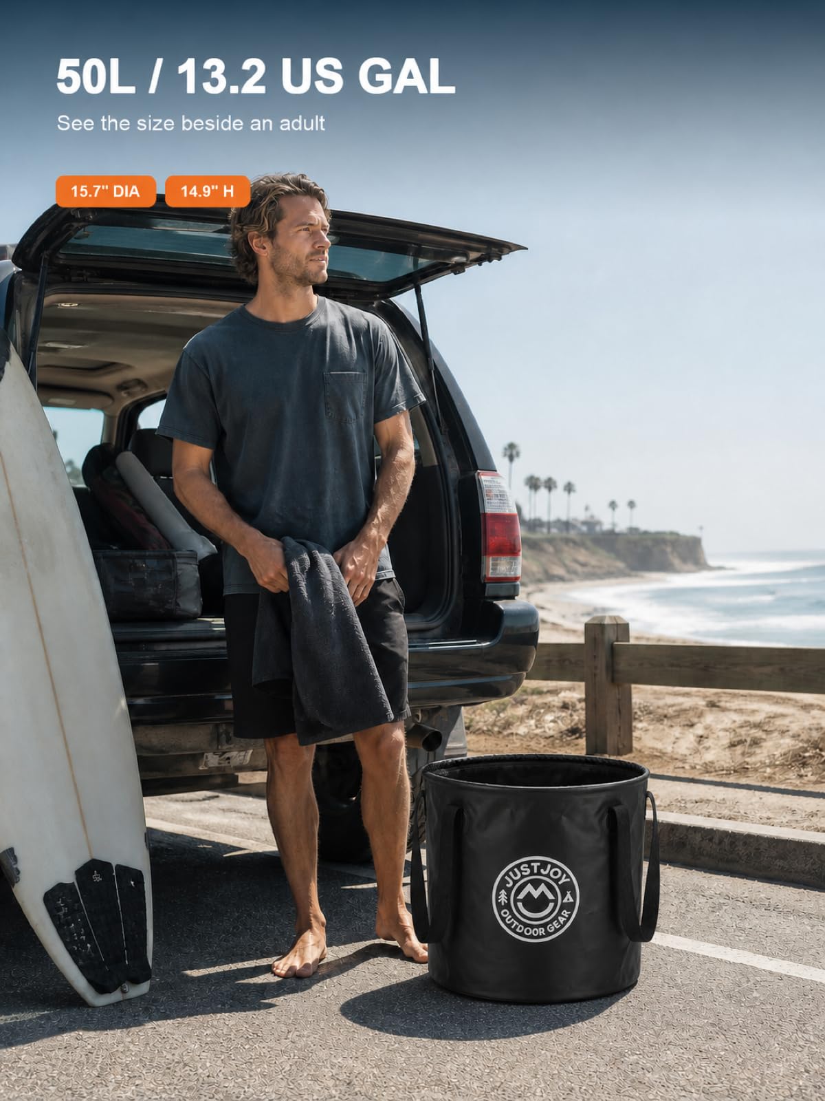 JUSTJOY side profile with dimensions tag showing size and capacity details