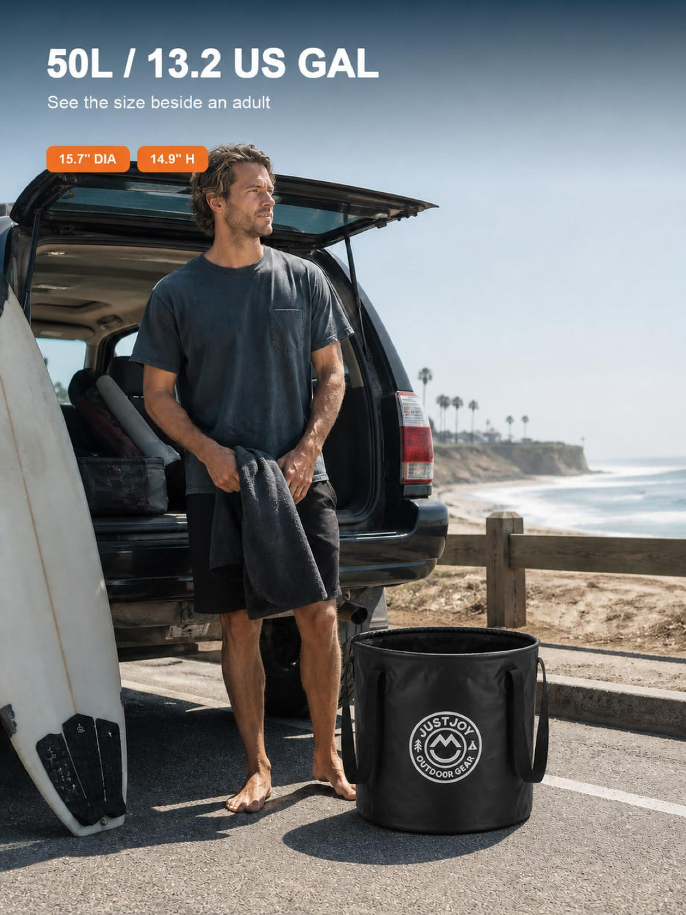 JUSTJOY side profile with dimensions tag showing size and capacity details
