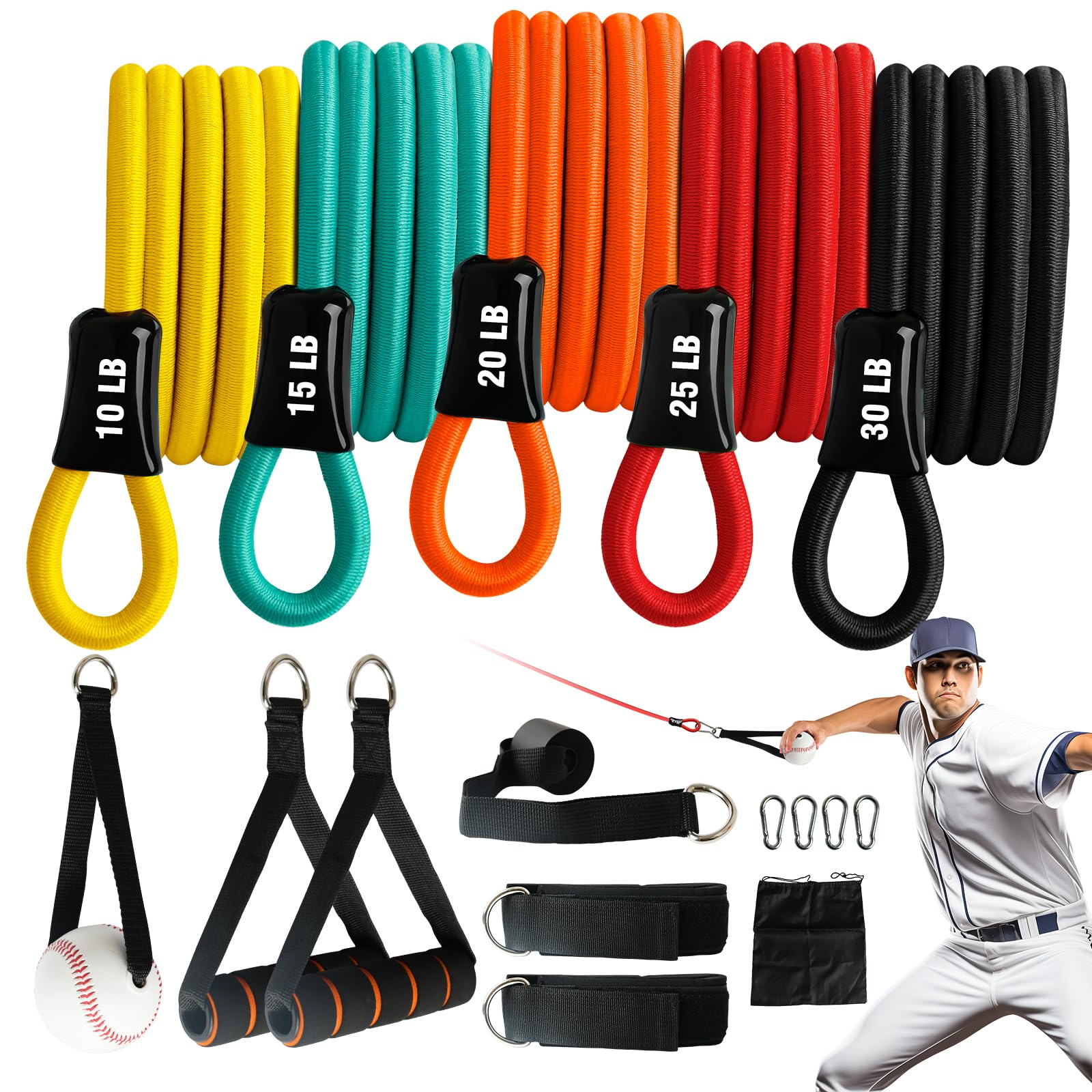 JWHOO front packaging showing full 16-piece baseball band set and portability benefit