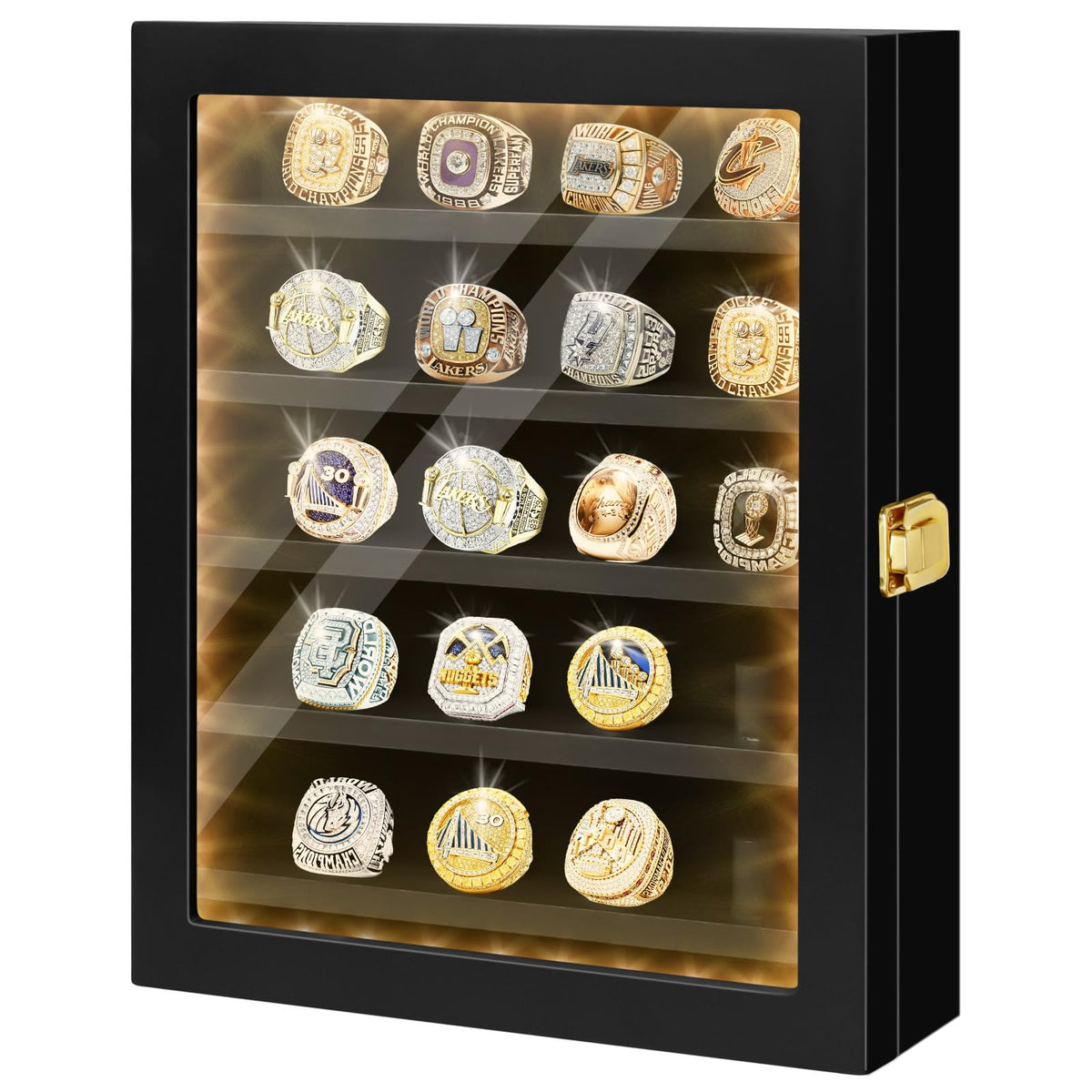 JWHOO front view of the display case showing 20 ring posts and elegant finish