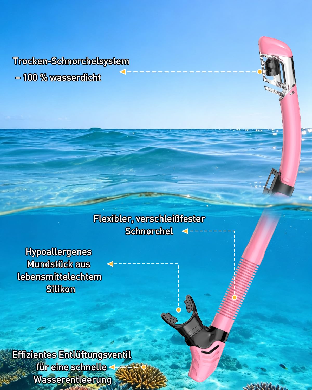 Jwintee dry-top snorkel float valve preventing water entry for safer breathing