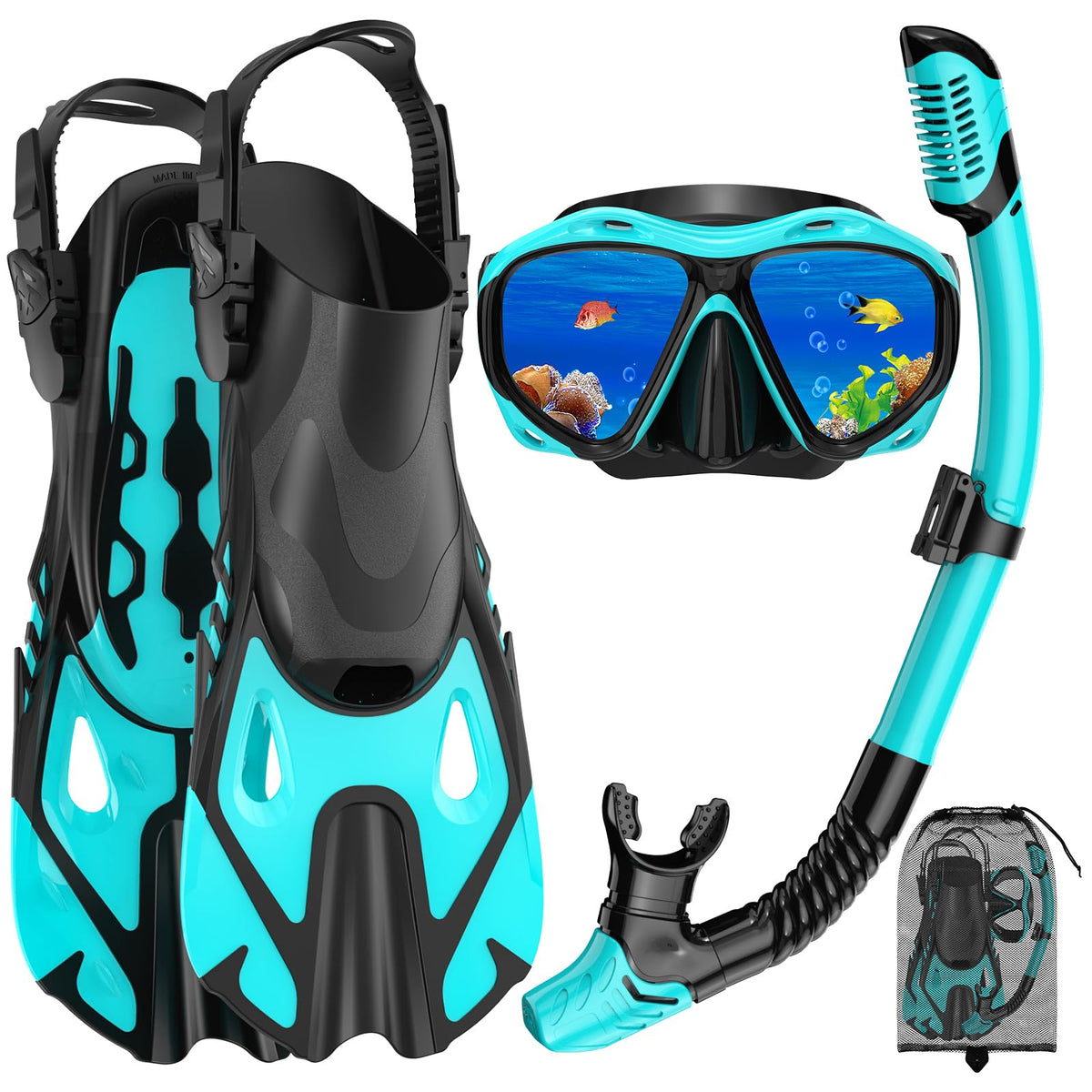 Jwintee front packaging showing full snorkeling kit and travel bag benefit: easy packing