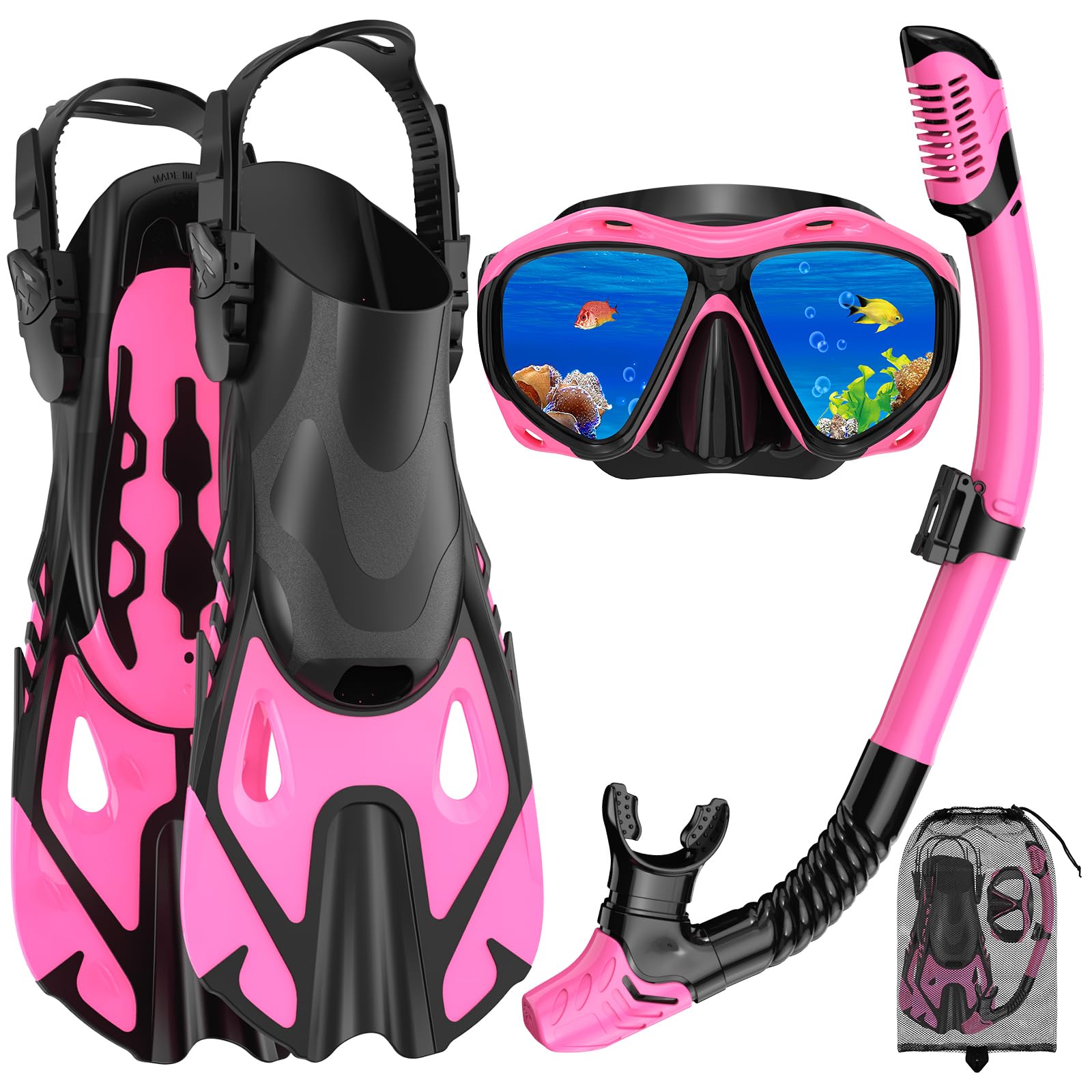Jwintee front view of complete kit showing mask fins snorkel bag, ready to travel
