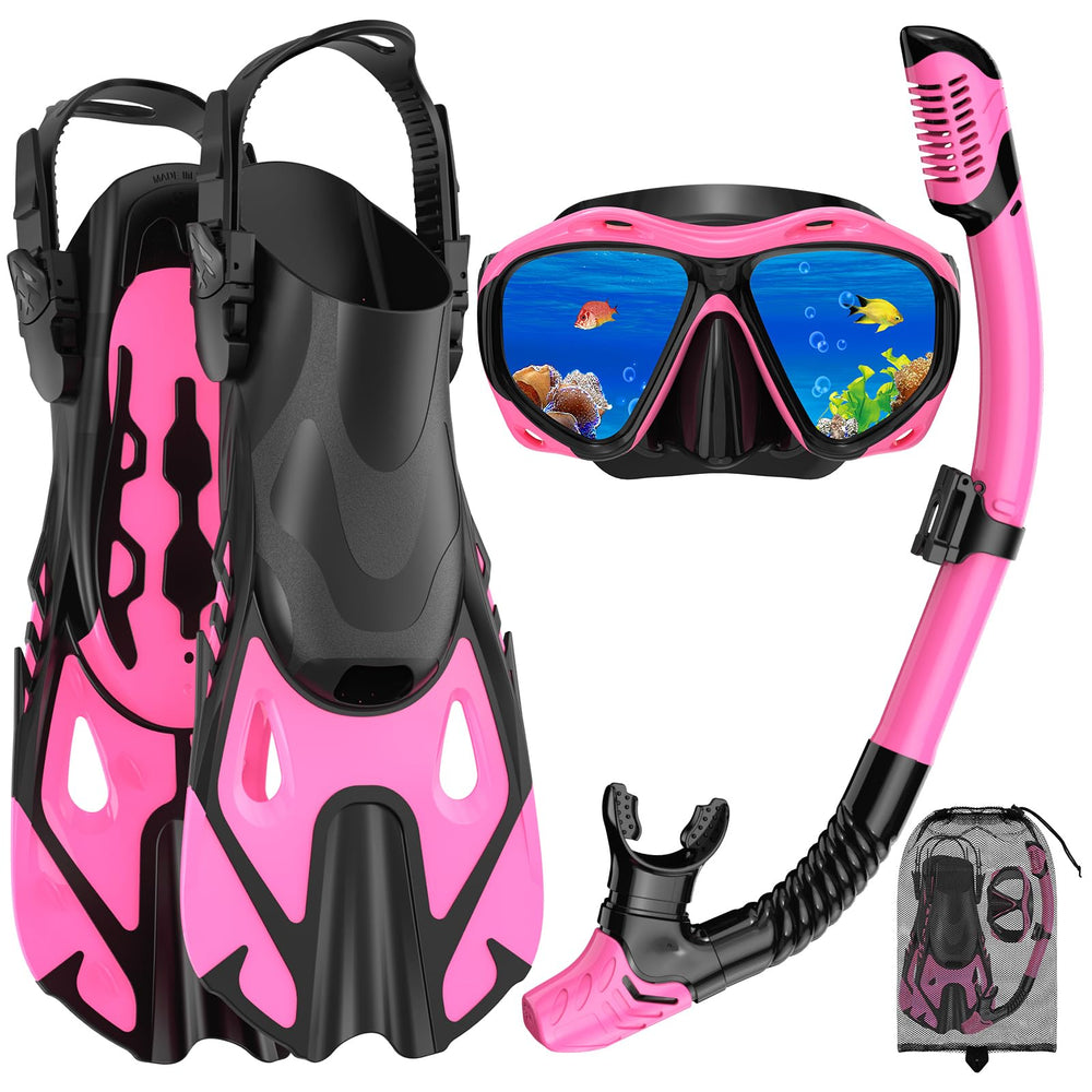 Jwintee front view of complete kit showing mask fins snorkel bag, ready to travel
