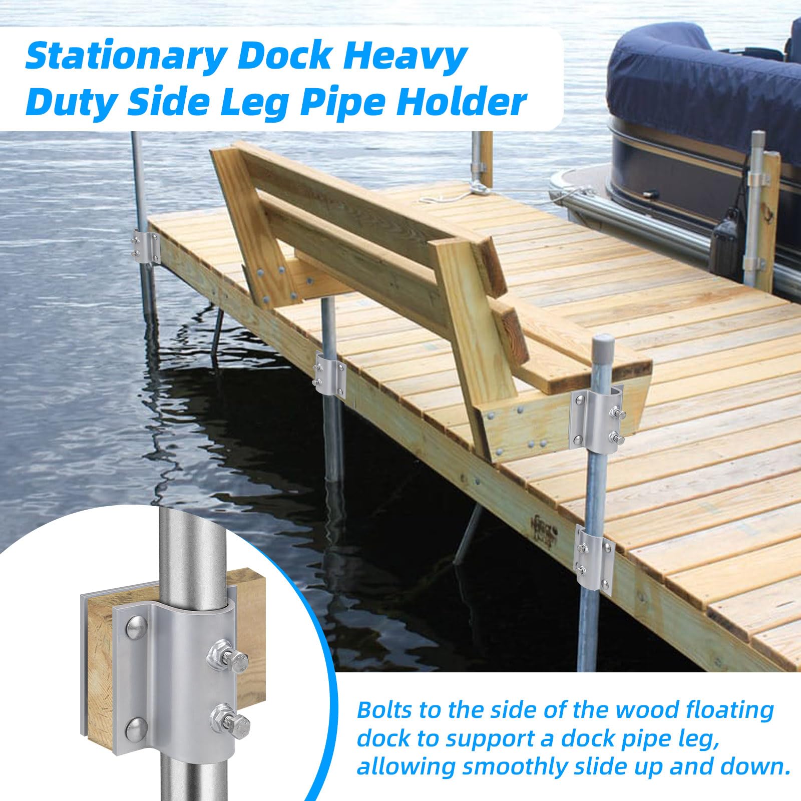 JYINCPED view of dock pole inserted into bracket showing adjustable side set bolts for secure hold