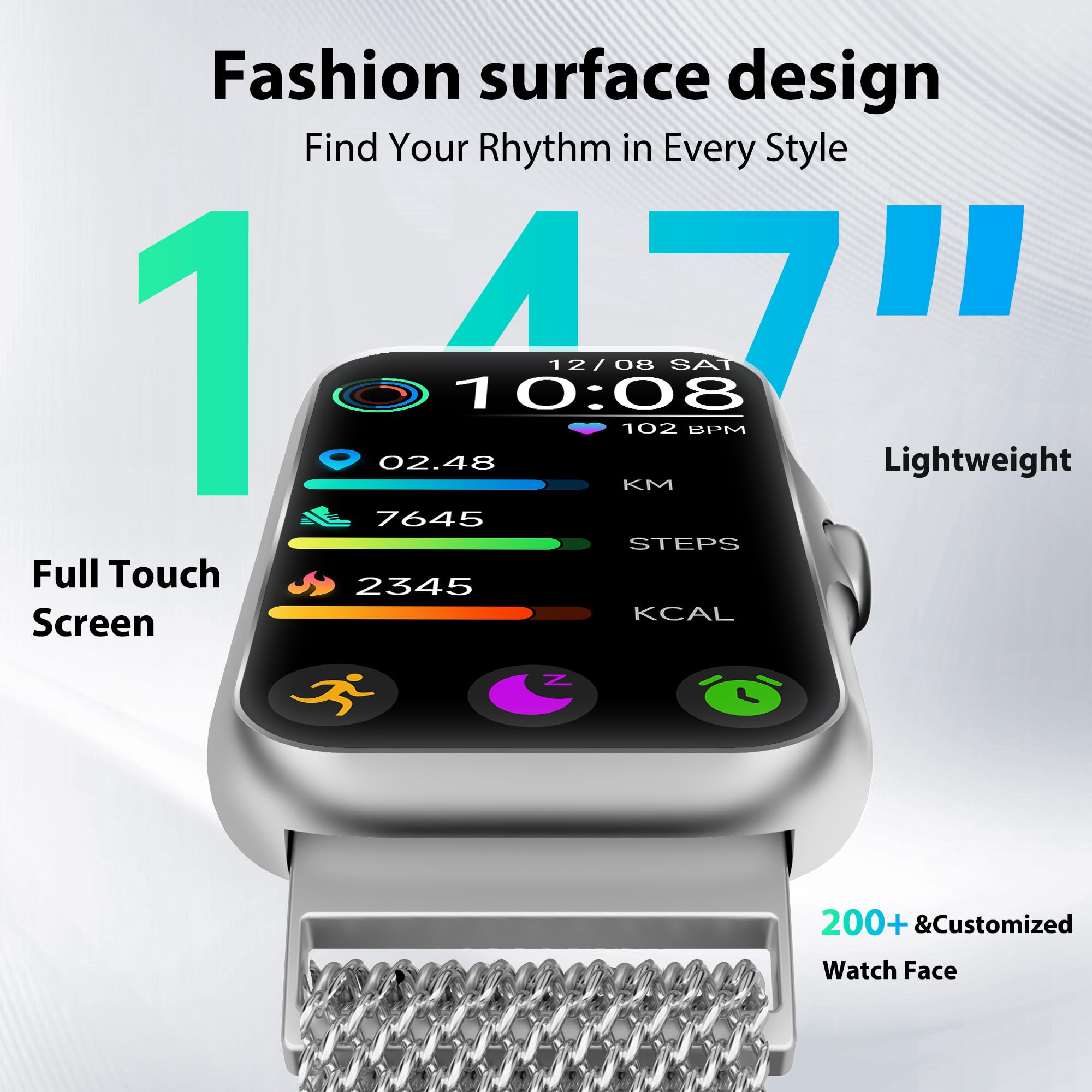 JYUAJOI curved 1.47 inch screen close-up highlighting vibrant watch face options