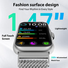 JYUAJOI curved 1.47 inch screen close-up highlighting vibrant watch face options
