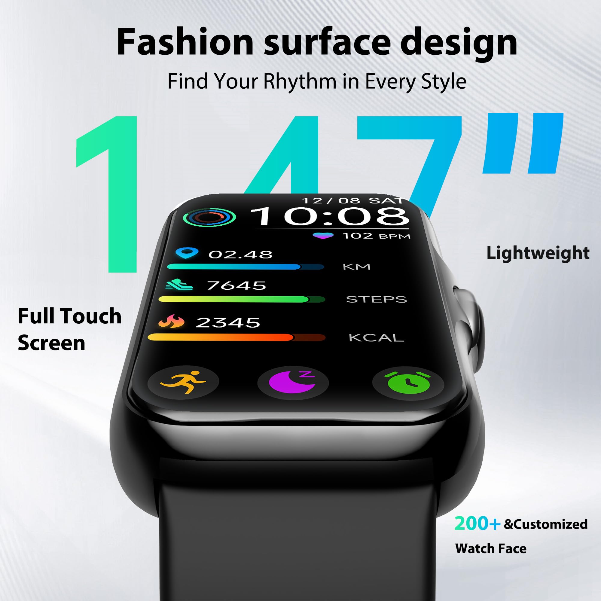 JYUAJOI curved 1.47 inch screen profile highlighting vibrant watch face clarity