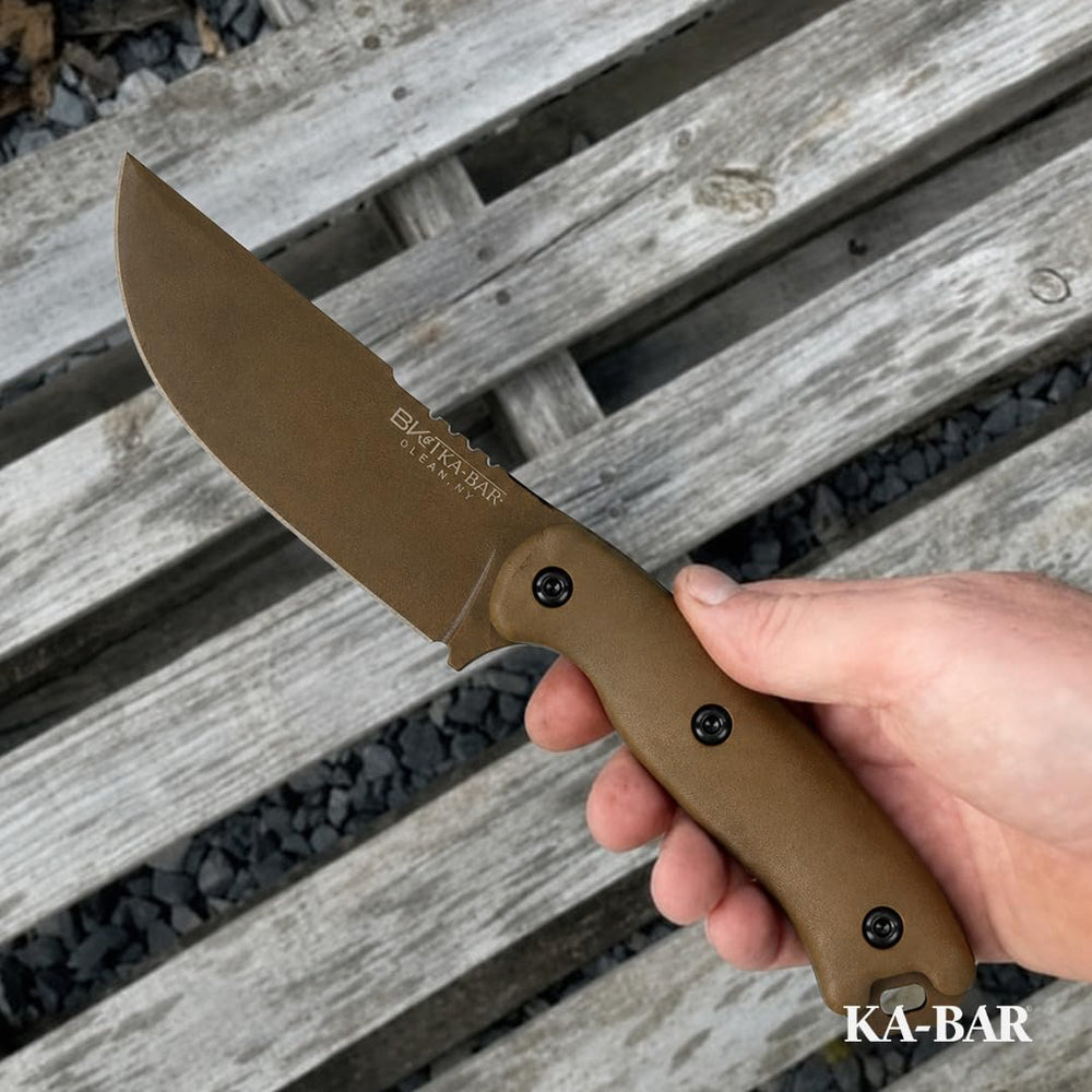 KA-BAR BK18 held in hand showing compact size and ergonomic control