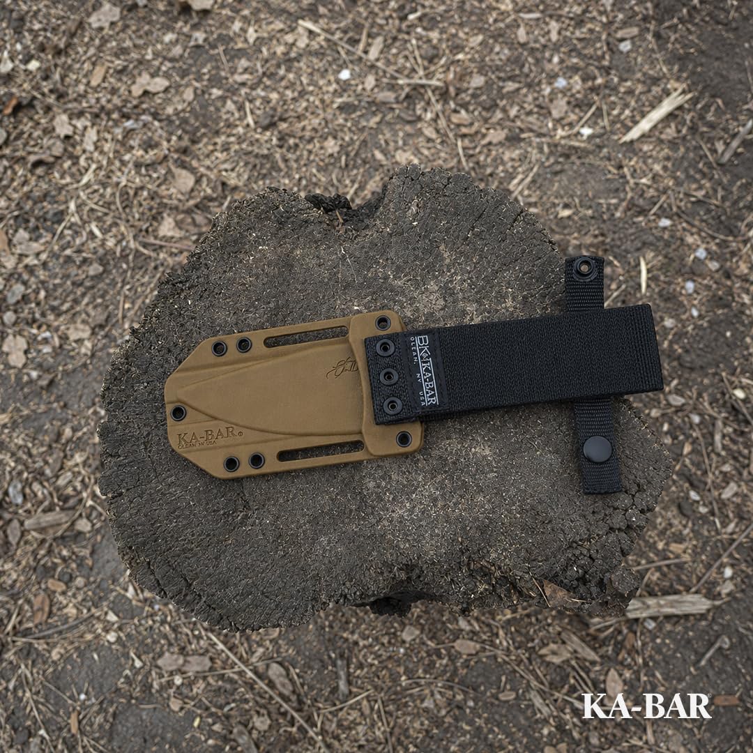 KA-BAR BK18 on campsite cutting rope showing practical outdoor utility