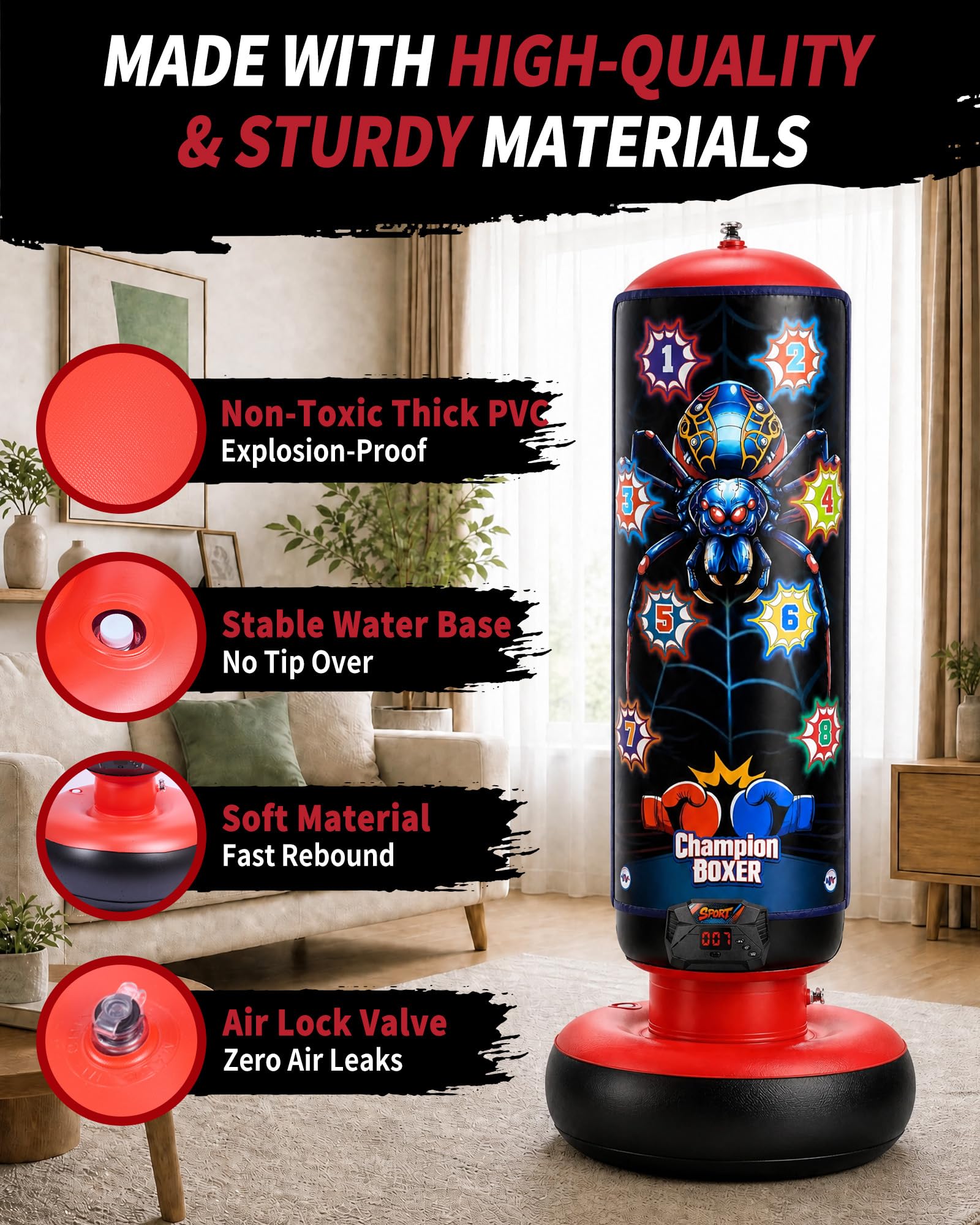 kabborro child punching bag in use with music mode encouraging active movement