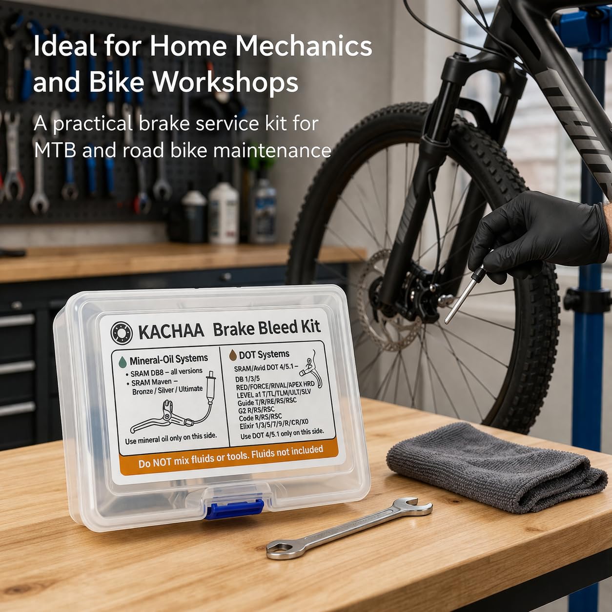KACHAA kit in use on a bicycle brake showing simplified bleeding process and reduced setup time
