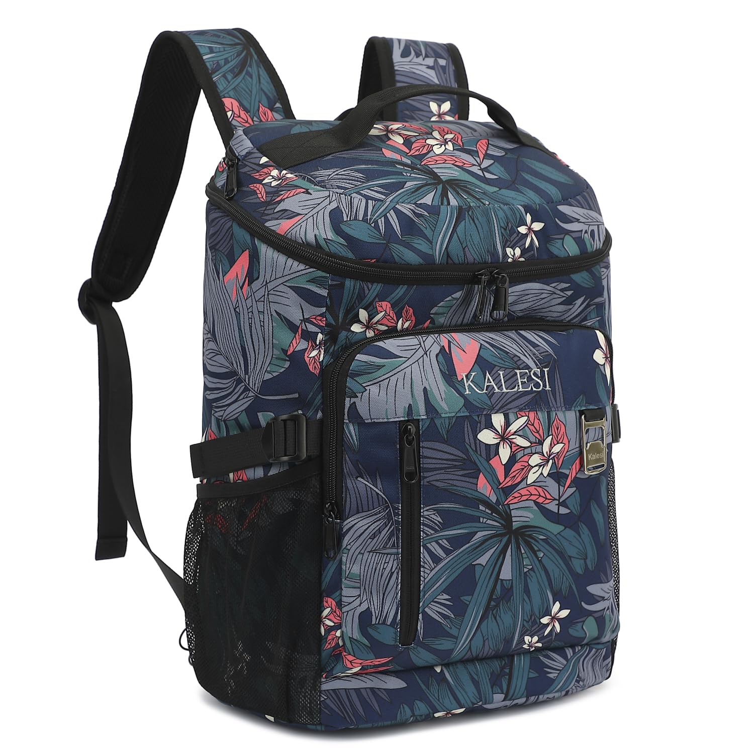 Kalesi front view showing floral cooler backpack for organized transport