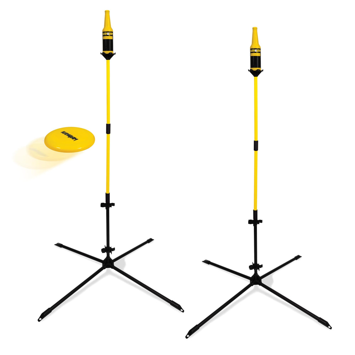 Kan Jam front setup showing poles, bottles and disc for quick backyard fun