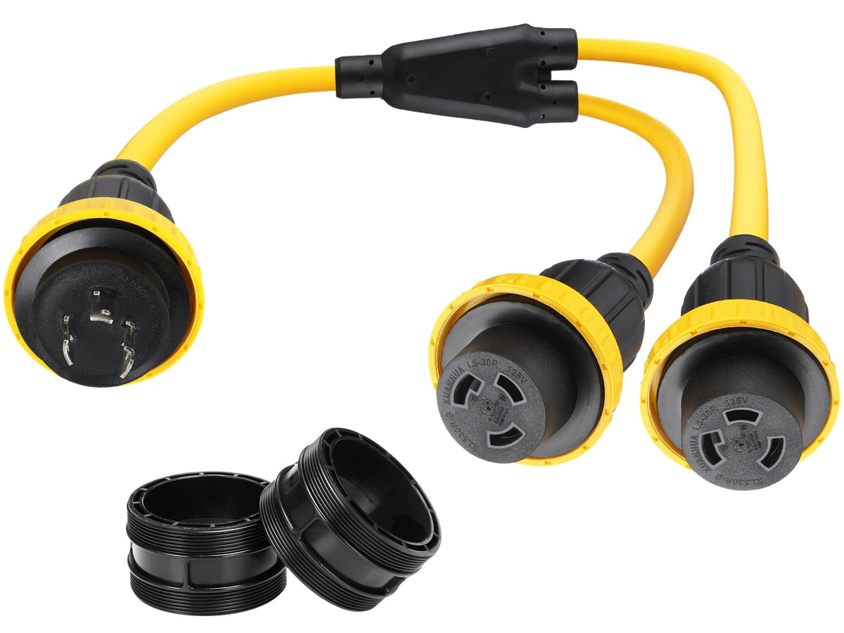 Kanayu front view of L5-30P plug and dual L5-30R Y splitter showing secure connection benefit