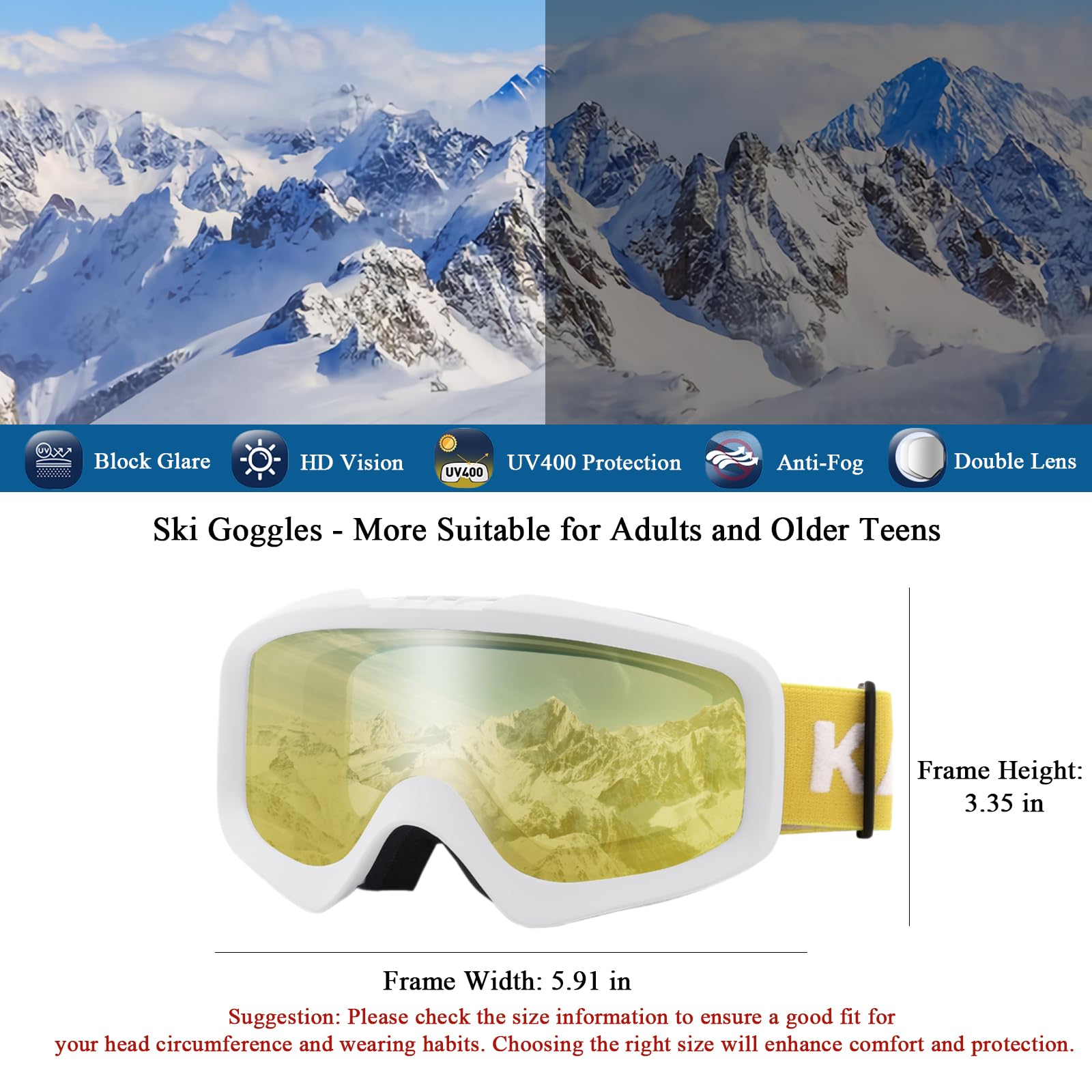 Karsaer close-up of dual lenses, anti-fog layer and UV400 protection visible