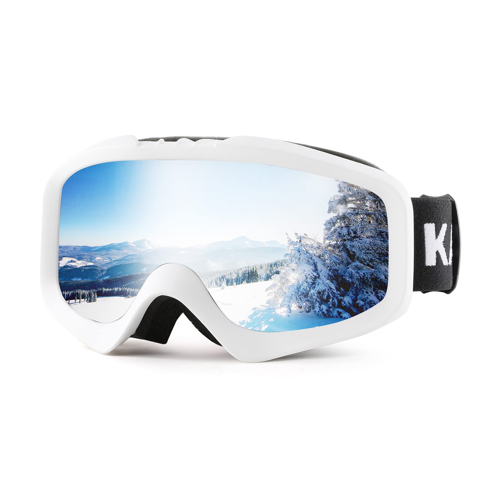 Karsaer front view of goggles showing wide lens and helmet-ready strap for clear vision