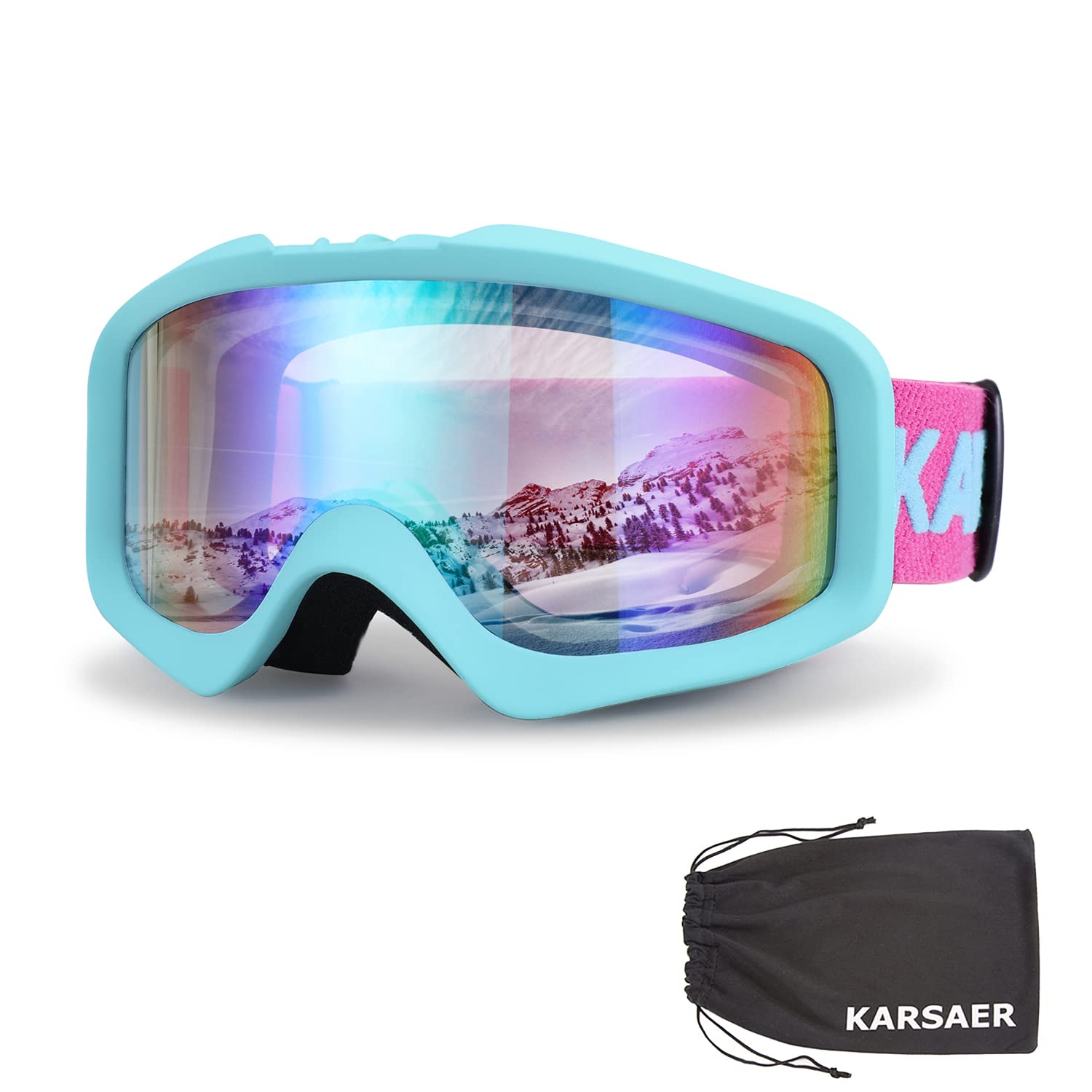 Karsaer front view of goggles showing wide lens and helmet fit benefit