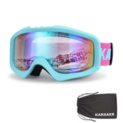 Karsaer front view of goggles showing wide lens and helmet fit benefit