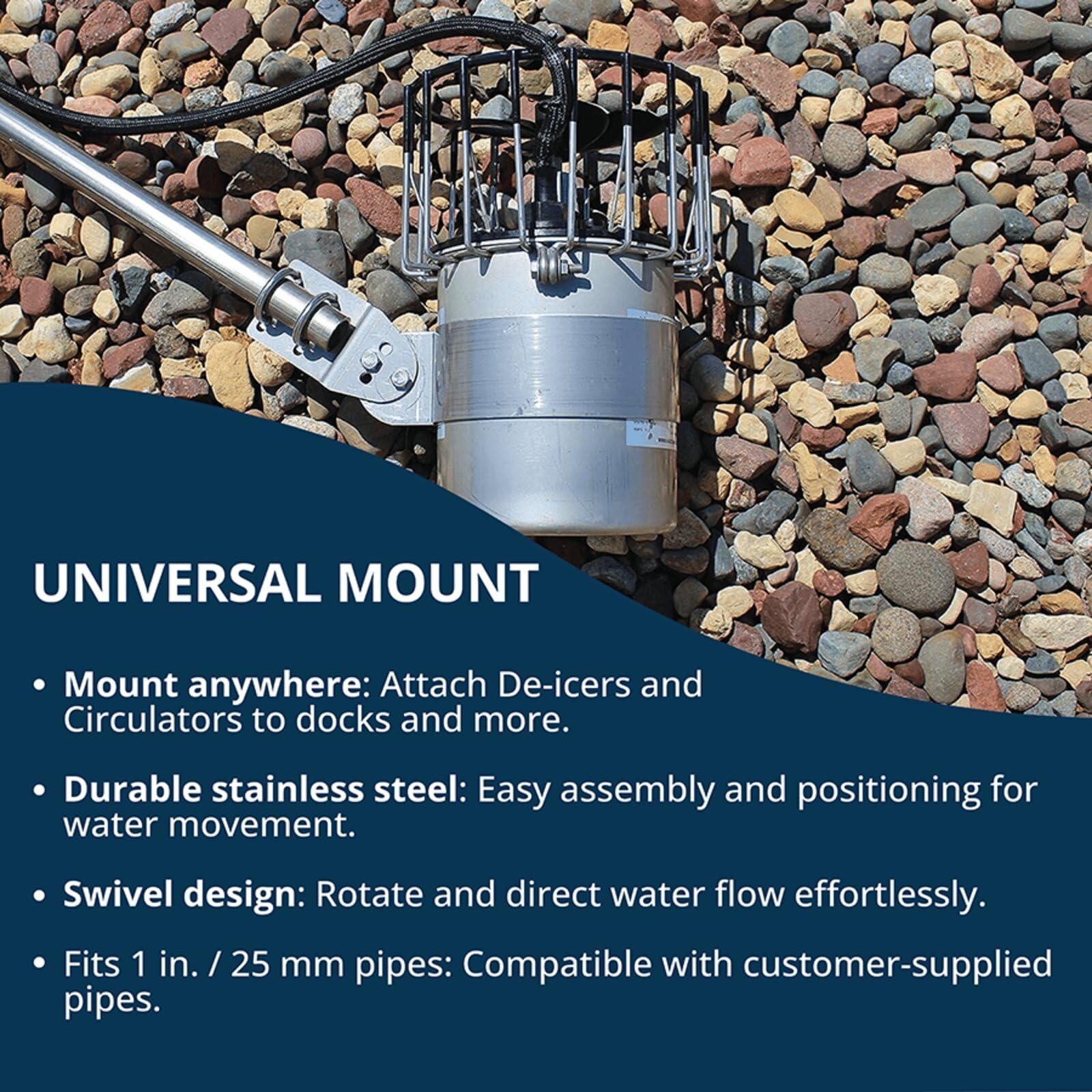 Kasco mount beside a de-icer for scale illustrating compact footprint and compatibility