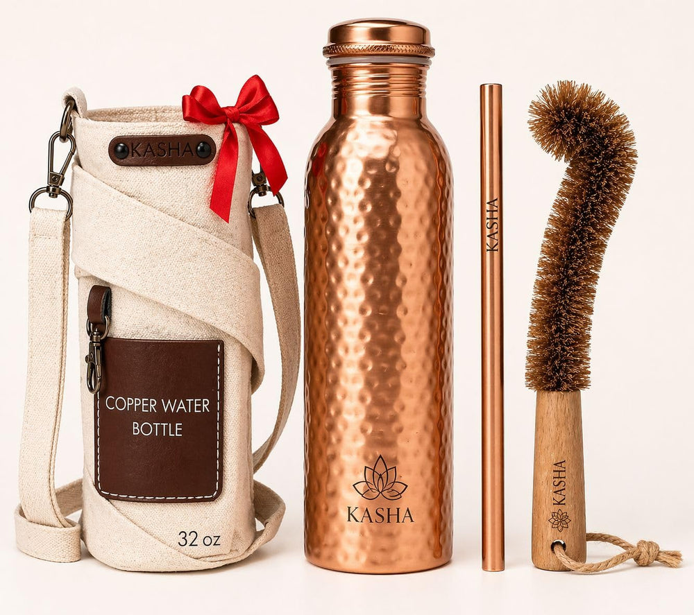 KASHA front packaging showing complete copper bottle set and benefits