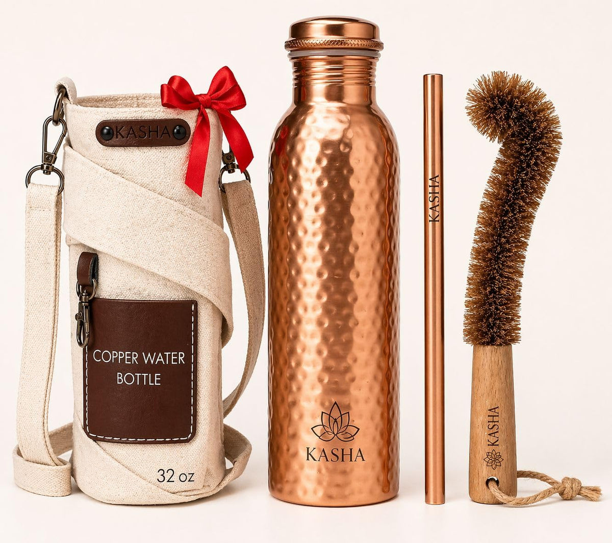 KASHA front packaging showing complete copper bottle set and benefits