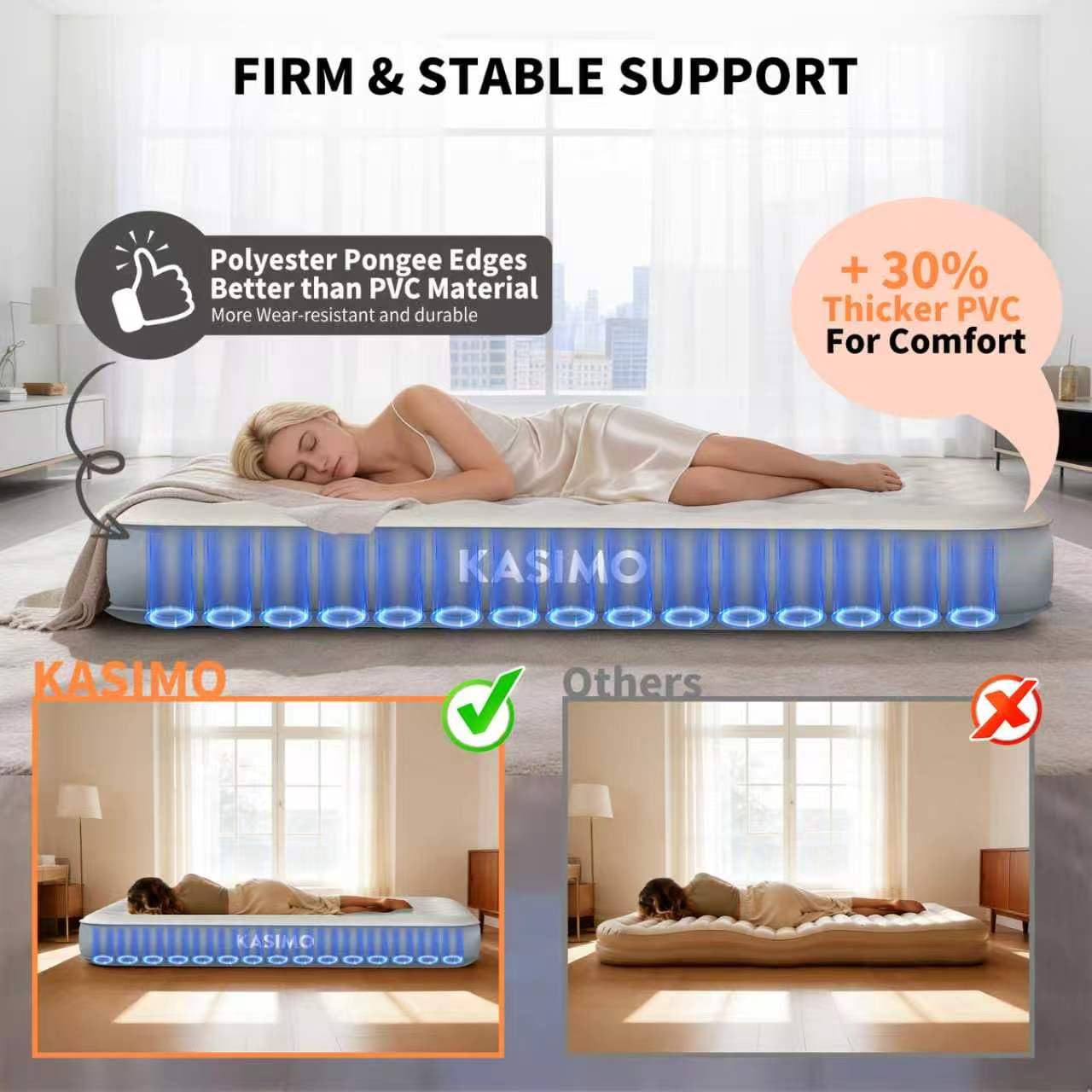KASIMO side profile showing mattress thickness and stable, elevated sleeping surface