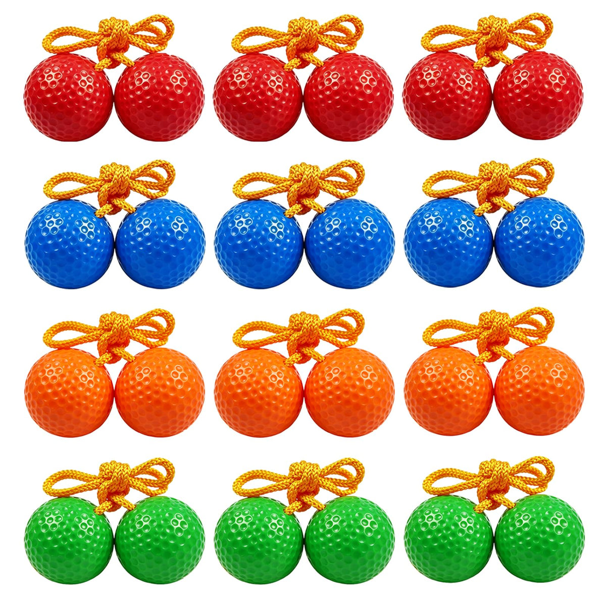 Kasteco front view of 12-pack ladder balls showing bright colors and included bag for easy transport