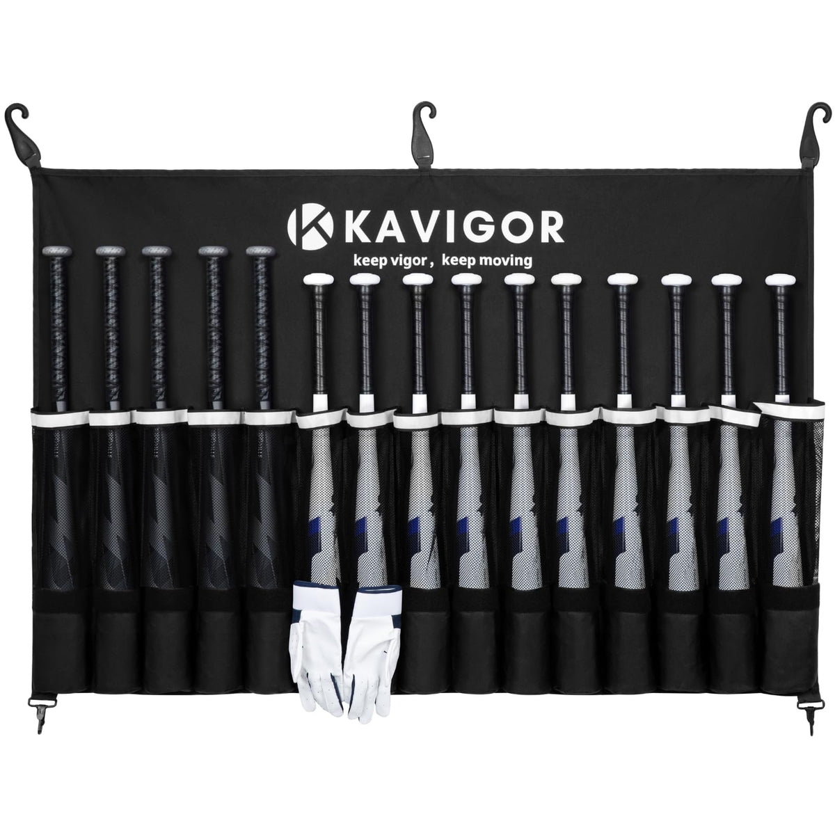 KAVIGOR front view showing 15-bat capacity and tidy storage benefit