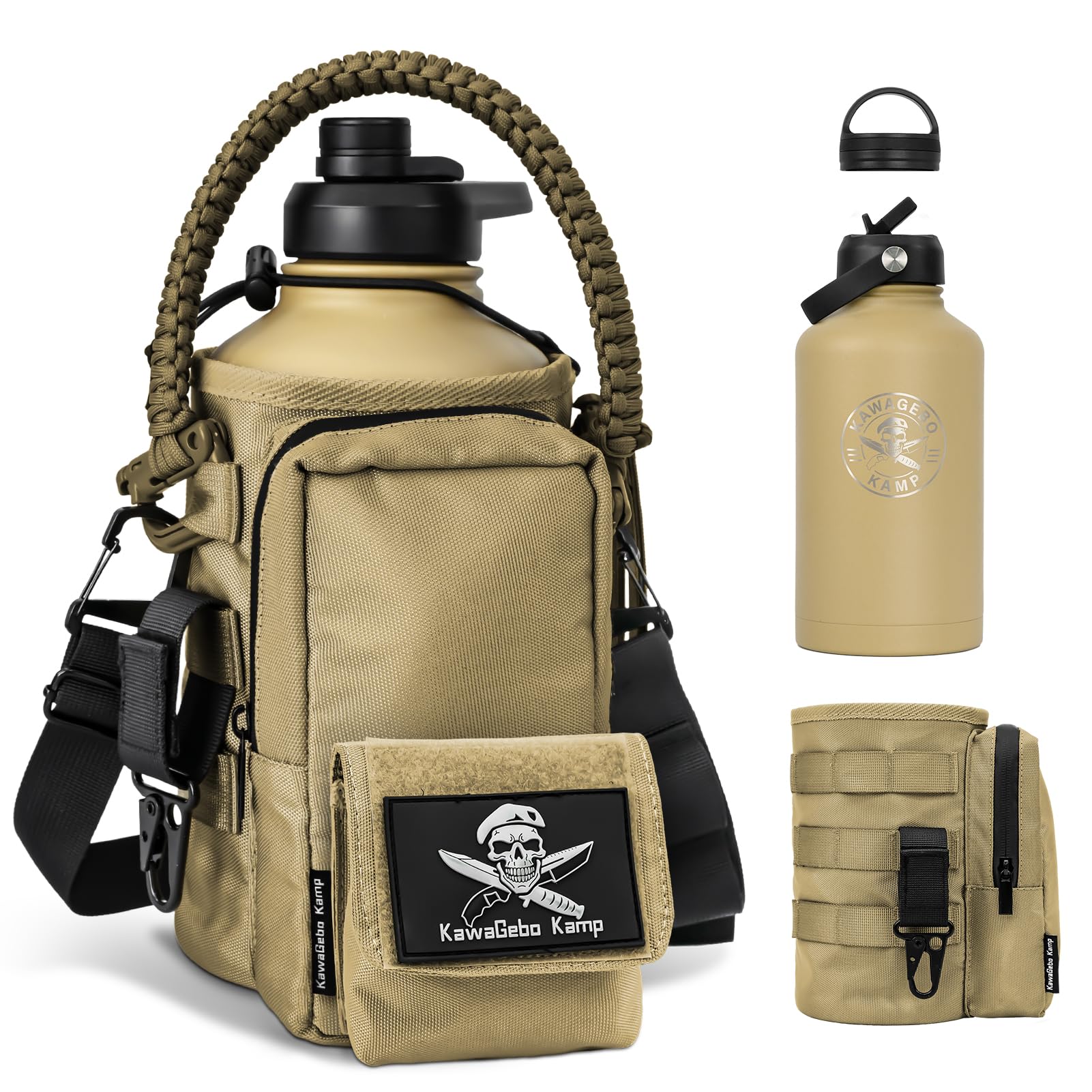 KawaGebo Kamp front view showing bottle and tactical pouch for secure carrying