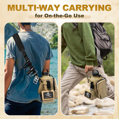 KawaGebo Kamp pouch attached to backpack MOLLE system proving hands-free portability