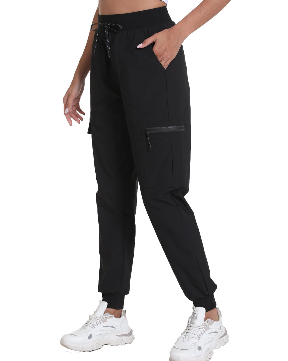 Kcutteyg front view of black joggers showing tapered fit and pockets for versatile wear