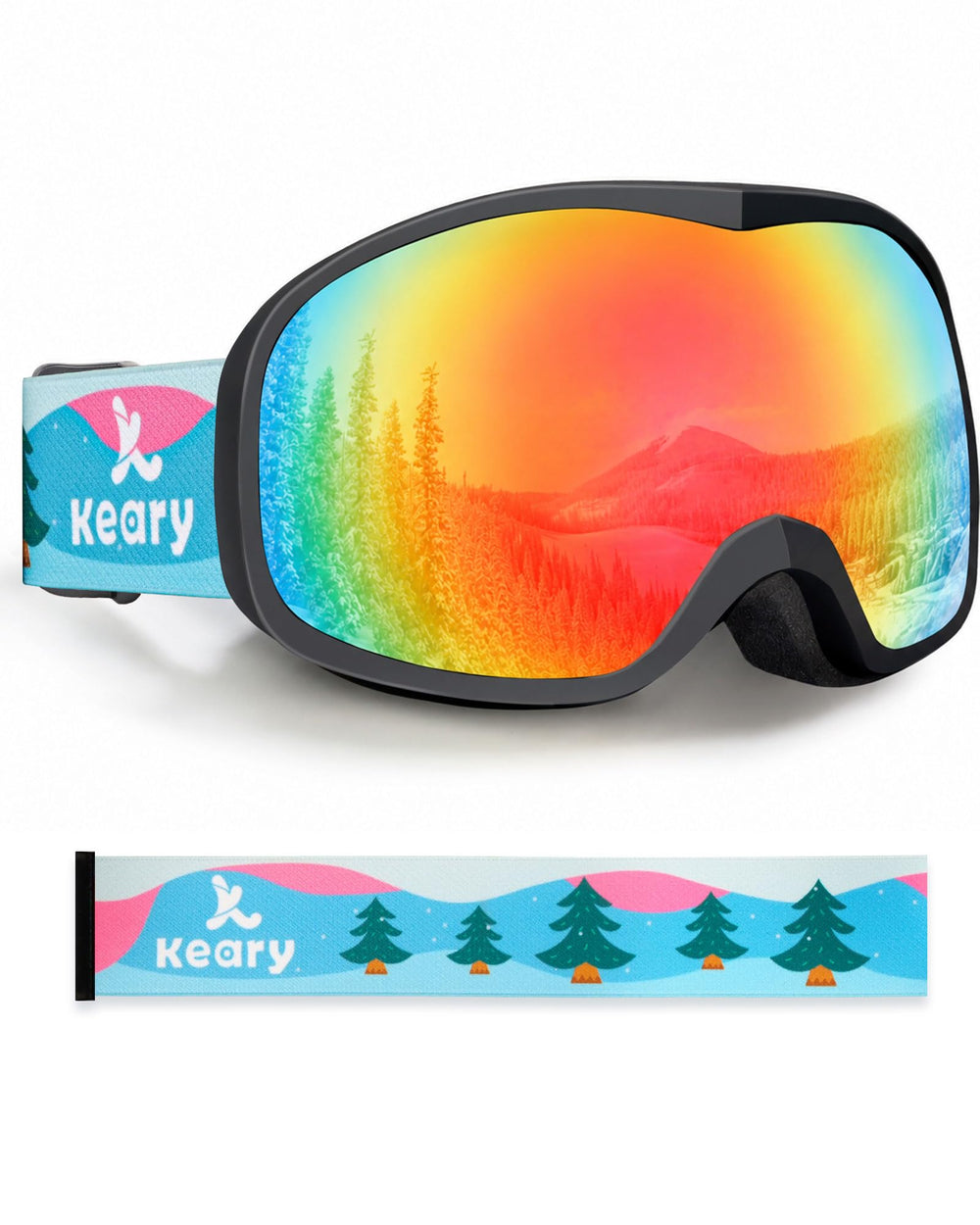 Keary front view of goggles showing full lens and fit benefit